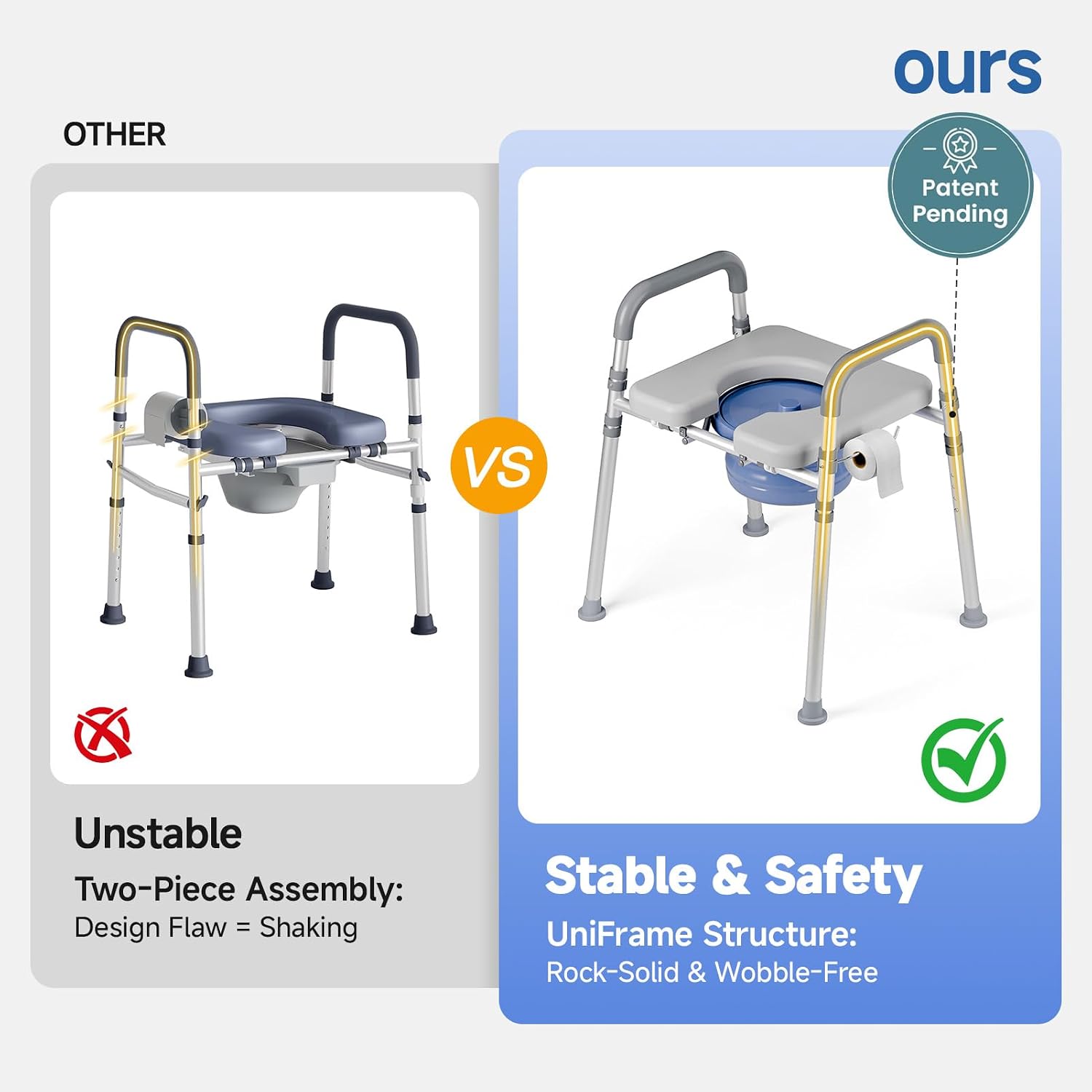 Bedside Commode Chair with Bucket for Seniors, Bedside Toilet Chair | Aluminum, Padded Armrests & Seat, Adjustable Height & Width, Portable Commode for Elderly, Disabled, Pregnant, 400 lb, Gray