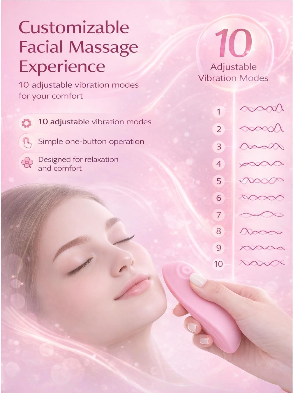 Electric Facial Massager for Skincare, Soft Silicone Face Massager with 10 Vibration Modes, Ergonomic Facial Massage Tool for Face & Jaw Relaxation, Compact Portable Beauty Device