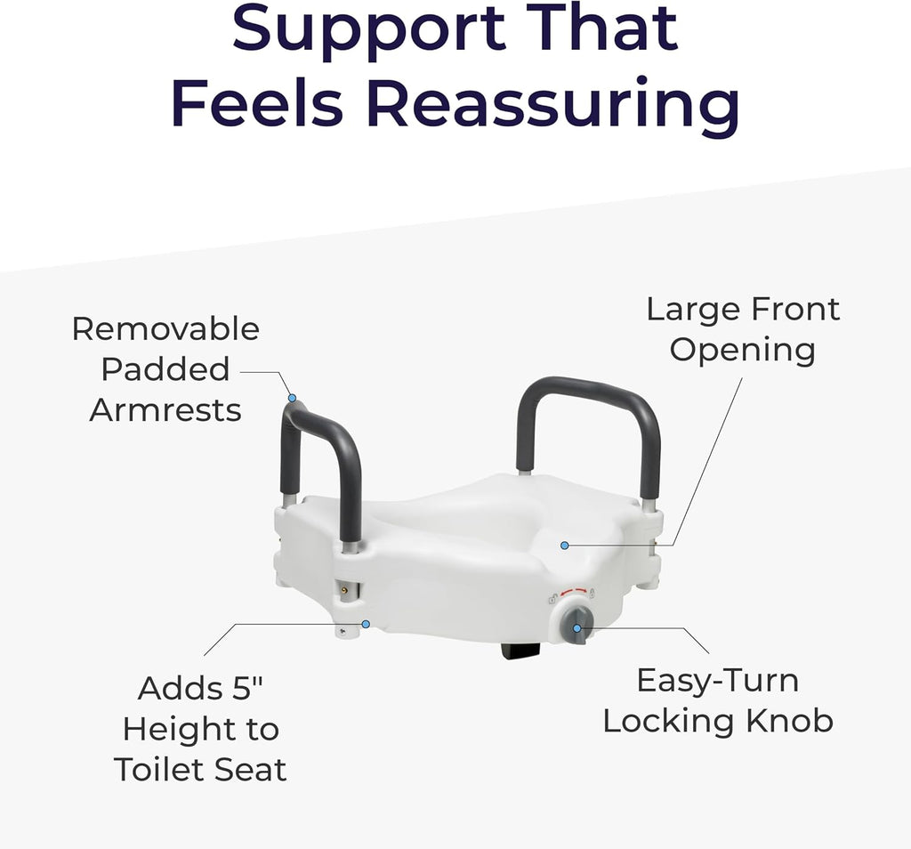 Drive Medical 2-in-1 Raised Toilet Seat with Removable Padded Arms | Raised Toilet Seat Offers Removable Padded Arms and Secure Locking Attachment for Standard Toilets and Safety
