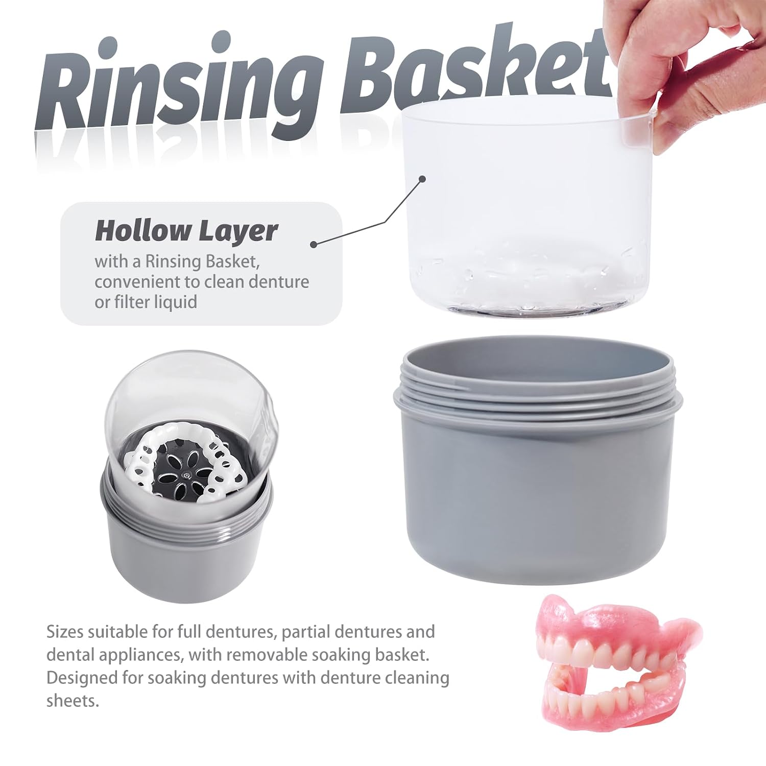 Uouovo Large Denture Bath Cup No Leak Denture Case Retainer Cleaner Case Complete Cleaning Care Denture Clear and Retainer Denture Holder for Soaking (grey)