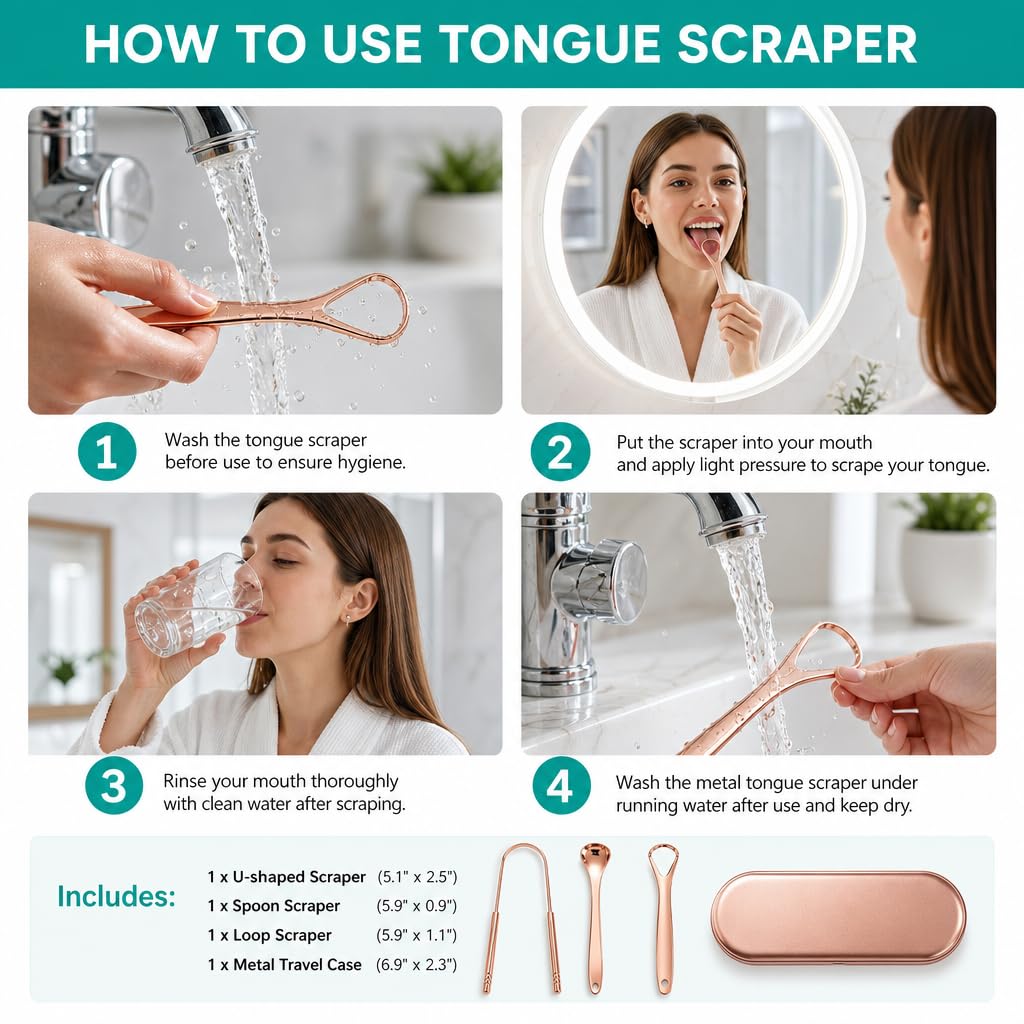 Uouovo 3 PCS Stainless Steel Tounge Scrappers, Portable Tongue Scrappers