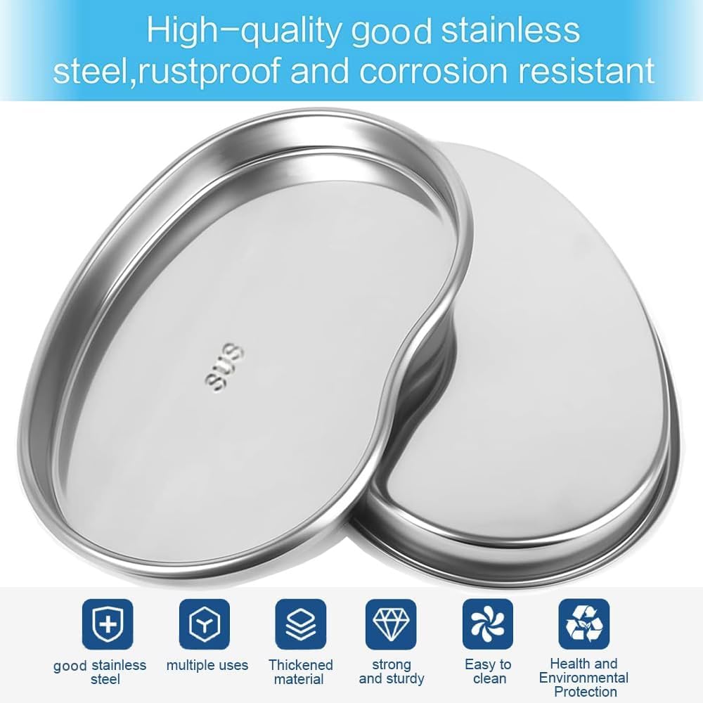 Dental Tray - 2 Pack Kidney Trays Stainless Steel Tray Medium Emesis Basin Reusable Metal Kidney Dish for Dental Piercing Lab Instrument Kitchen Pet Bathroom Tools (2pcs)