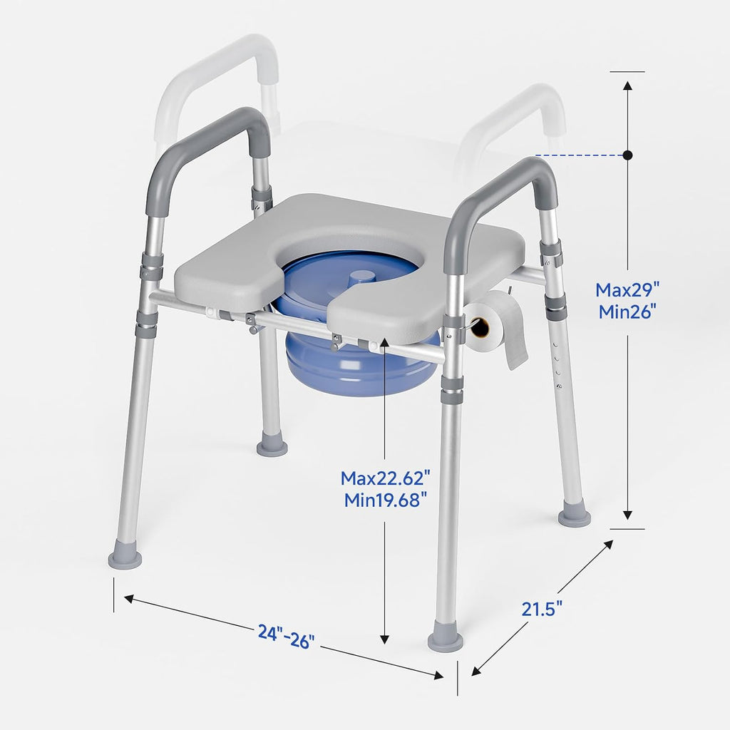 Bedside Commode Chair with Bucket for Seniors, Bedside Toilet Chair | Aluminum, Padded Armrests & Seat, Adjustable Height & Width, Portable Commode for Elderly, Disabled, Pregnant, 400 lb, Gray