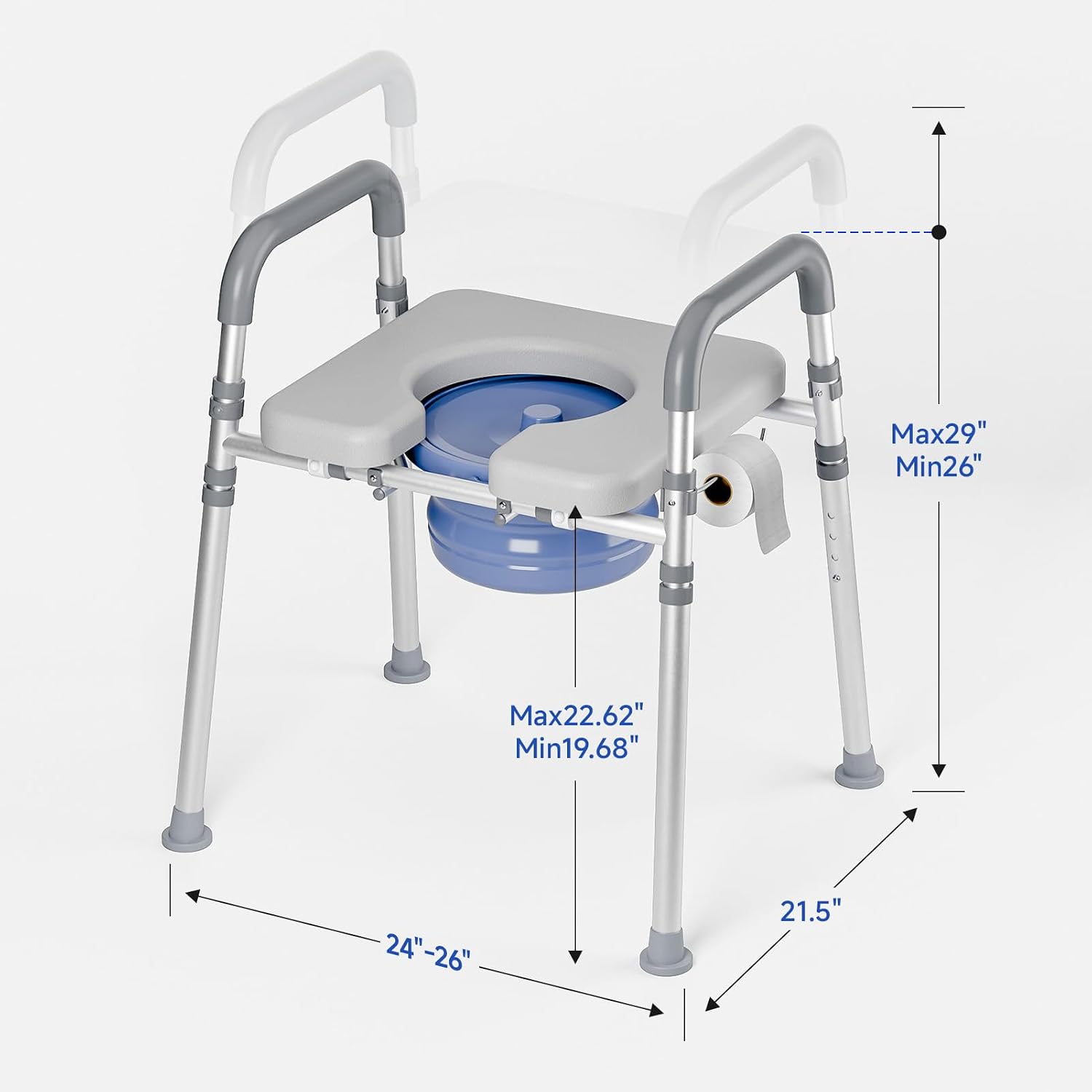 Bedside Commode Chair with Bucket for Seniors, Bedside Toilet Chair | Aluminum, Padded Armrests & Seat, Adjustable Height & Width, Portable Commode for Elderly, Disabled, Pregnant, 400 lb, Gray