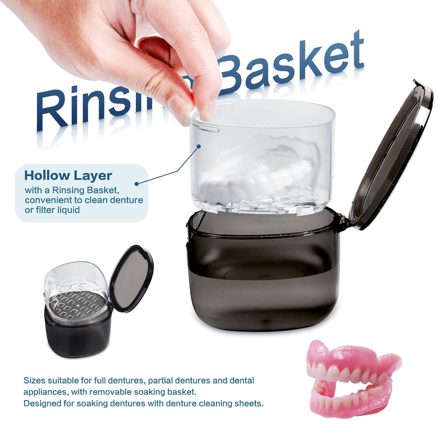 Upgraded Denture Bath Box Cup, No-Leak Denture case,Retainer Cleaning Box, Complete Clean Care for Dentures, Clear Braces, Mouth Guard, Night Guard & Retainers (transparent grey)