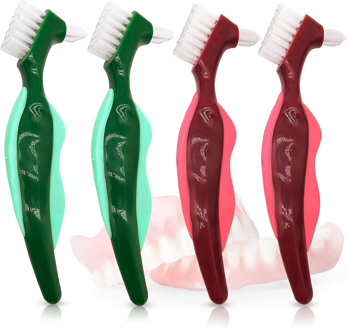 Uouovo Premium Hard Denture Brush Toothbrush for False Teeth, Multi-Layered Bristles & Portable Denture Double Sided Brush, Denture Care (Pack of 4)