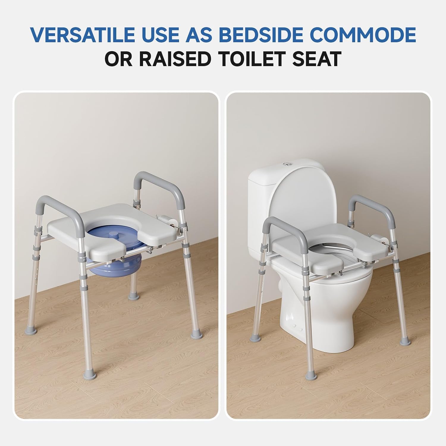 Bedside Commode Chair with Bucket for Seniors, Bedside Toilet Chair | Aluminum, Padded Armrests & Seat, Adjustable Height & Width, Portable Commode for Elderly, Disabled, Pregnant, 400 lb, Gray