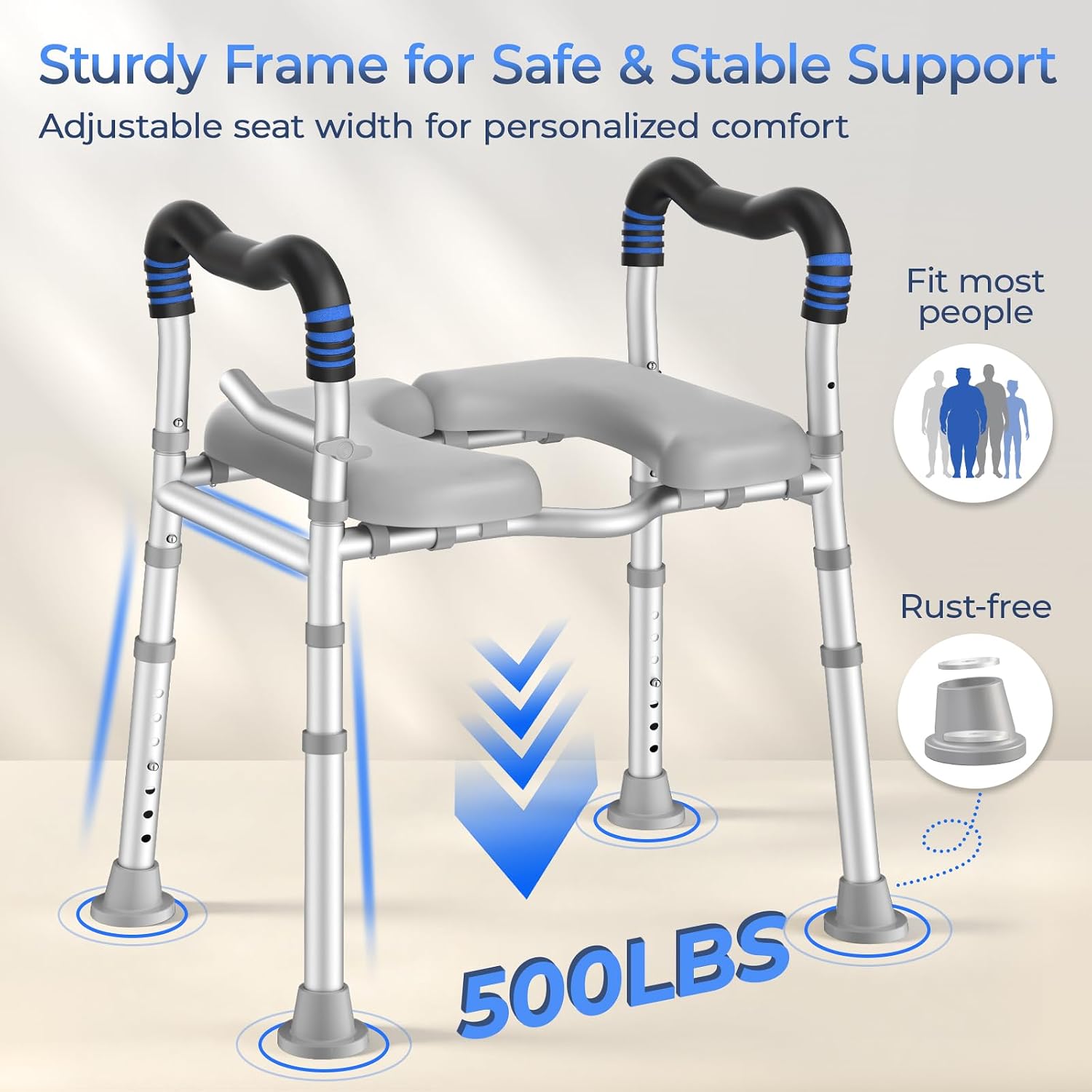 Toilet Seat with Handles for Elderly, 500 lbs Capacity | Adjustable Height & Width, Toilet Seat Risers for Seniors, Handicap & Pregnancy Bathroom Safety, Fits Any Toilet