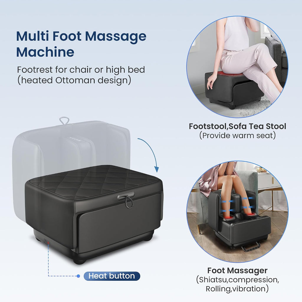 Foot & Calf Massager with Heat Shiatsu Compression Vibration, FSA Eligible | 2-in-1 Ottoman, 2 Heat Levels, 4-Level Compression, 2 Leg Modes, for Plantar Fasciitis Neuropathy, Up to Size 13