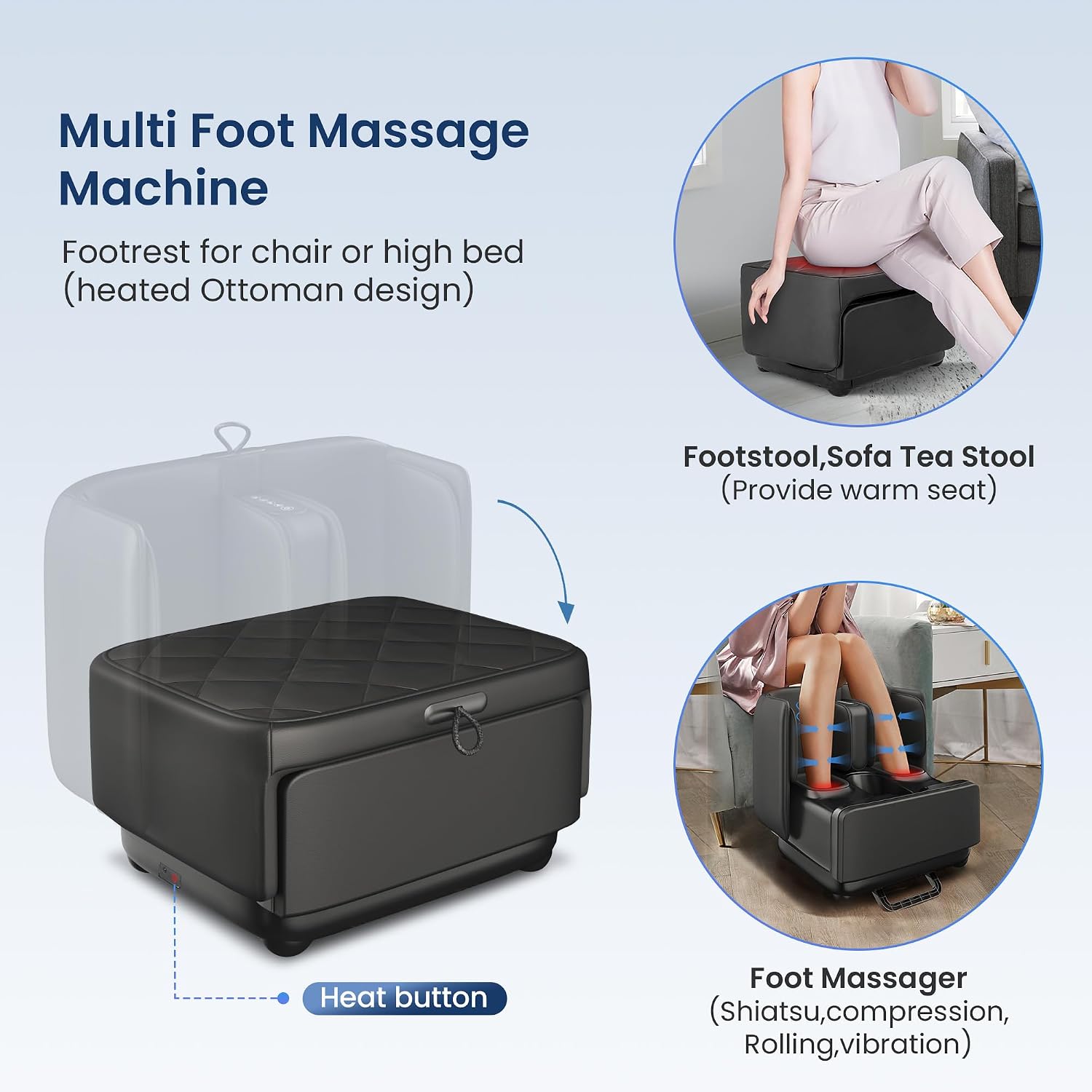 Foot & Calf Massager with Heat Shiatsu Compression Vibration, FSA Eligible | 2-in-1 Ottoman, 2 Heat Levels, 4-Level Compression, 2 Leg Modes, for Plantar Fasciitis Neuropathy, Up to Size 13