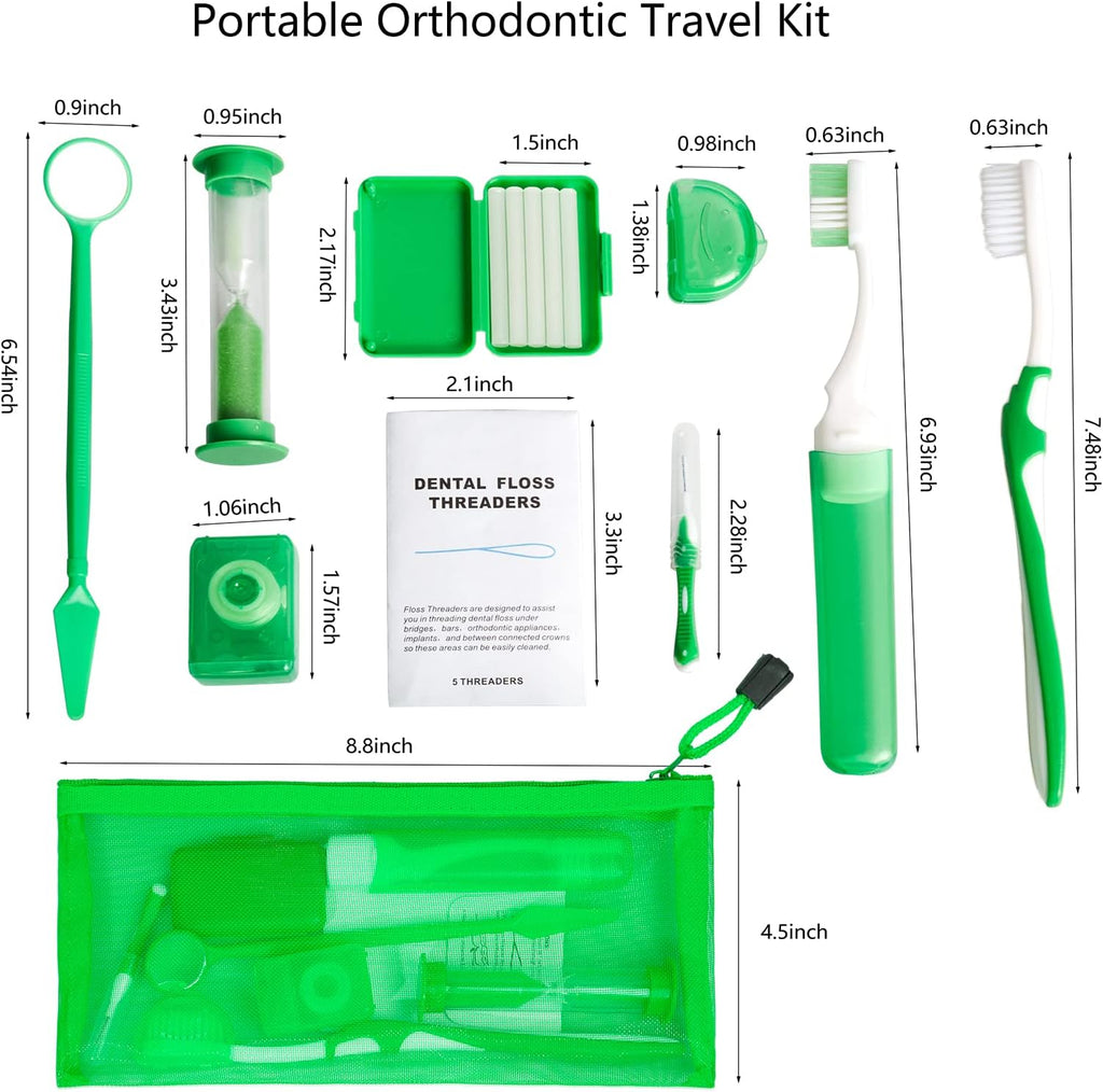 Uouovo Portable Orthodontic Oral Care Kit for Braces -2 Orthodontic Care Set - Dental Braces Kit, Interdental Brush Dental Wax Dental Floss Toothbrush Cleaning Kit(Purple & Blue) (Red_Green)