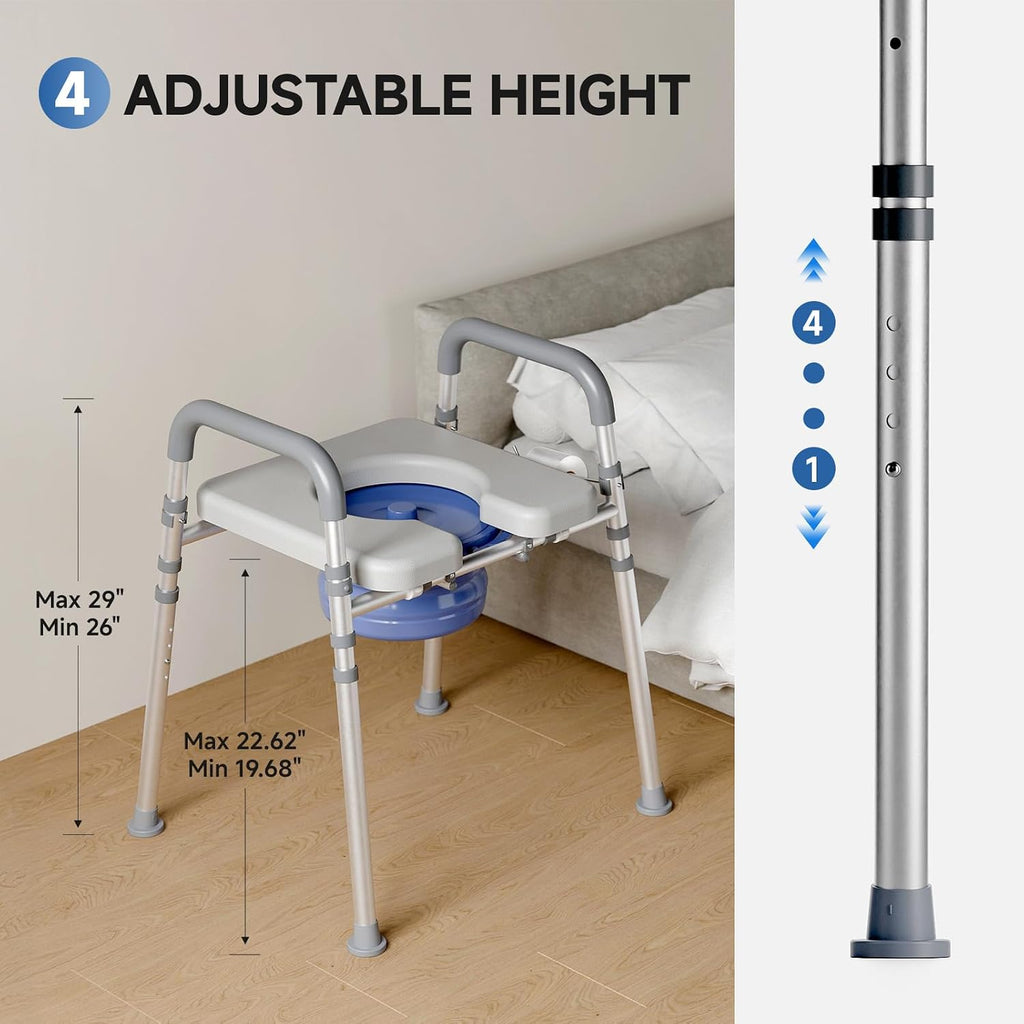 Bedside Commode Chair with Bucket for Seniors, Bedside Toilet Chair | Aluminum, Padded Armrests & Seat, Adjustable Height & Width, Portable Commode for Elderly, Disabled, Pregnant, 400 lb, Gray