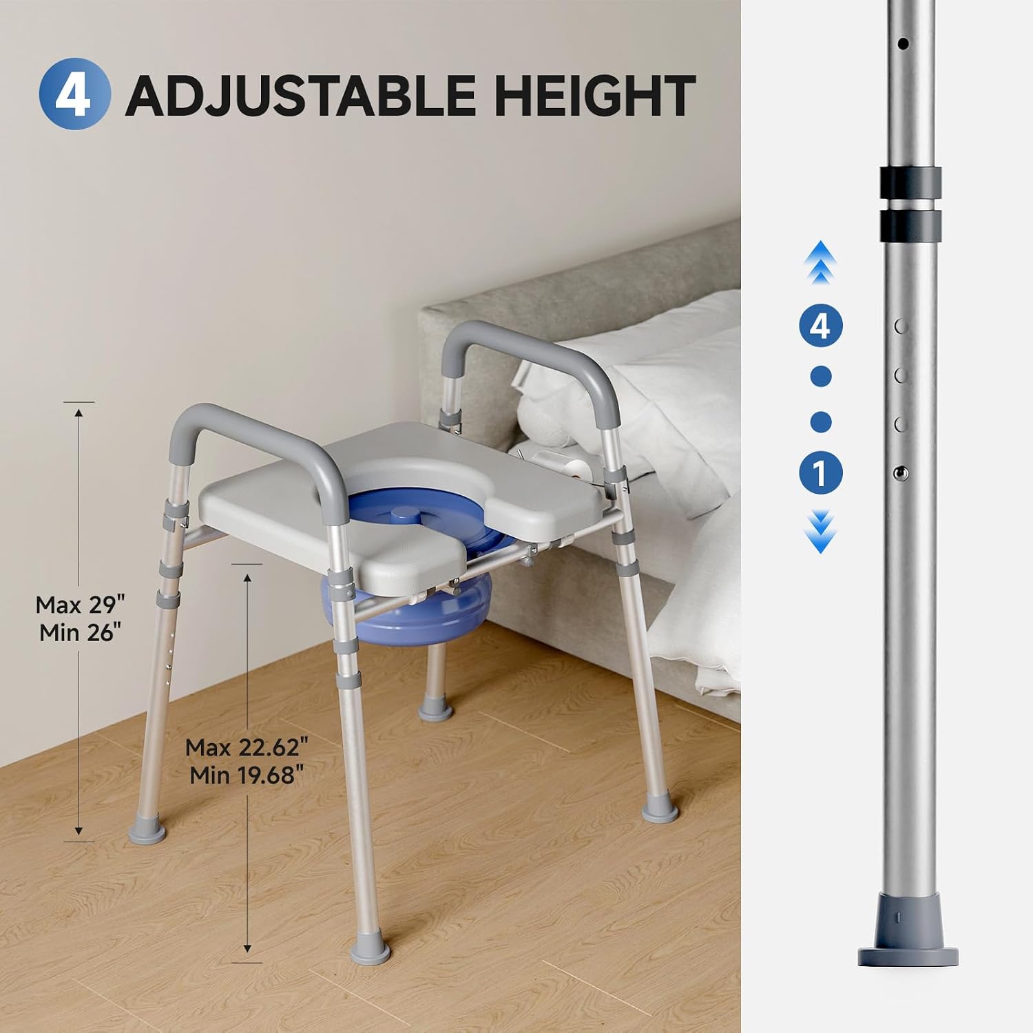 Bedside Commode Chair with Bucket for Seniors, Bedside Toilet Chair | Aluminum, Padded Armrests & Seat, Adjustable Height & Width, Portable Commode for Elderly, Disabled, Pregnant, 400 lb, Gray
