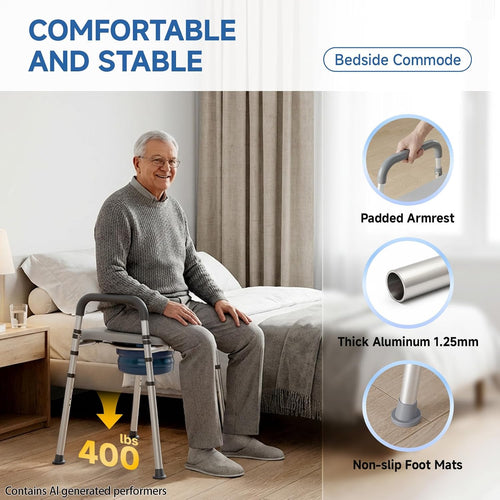Bedside Commode Chair with Bucket for Seniors, Bedside Toilet Chair | Aluminum, Padded Armrests & Seat, Adjustable Height & Width, Portable Commode for Elderly, Disabled, Pregnant, 400 lb, Gray