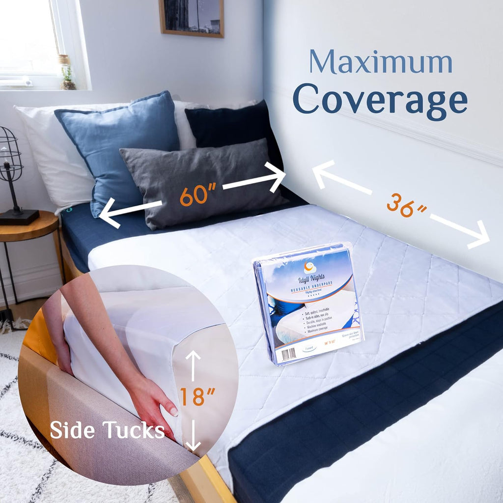 Washable Incontinence Bed Pad 36x60 – Soft, Absorbent & Waterproof Mattress Protector with Tuck-in Sides – Reusable Full/Queen Size Underpads for Kids, Adults, Seniors & Pets