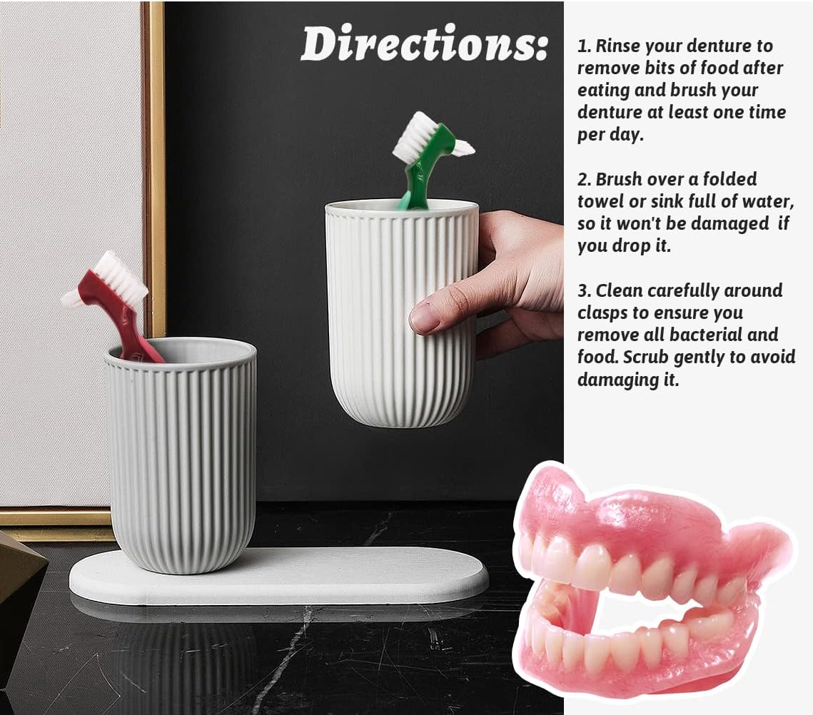 Uouovo Premium Hard Denture Brush Toothbrush for False Teeth, Multi-Layered Bristles & Portable Denture Double Sided Brush, Denture Care (Pack of 4)