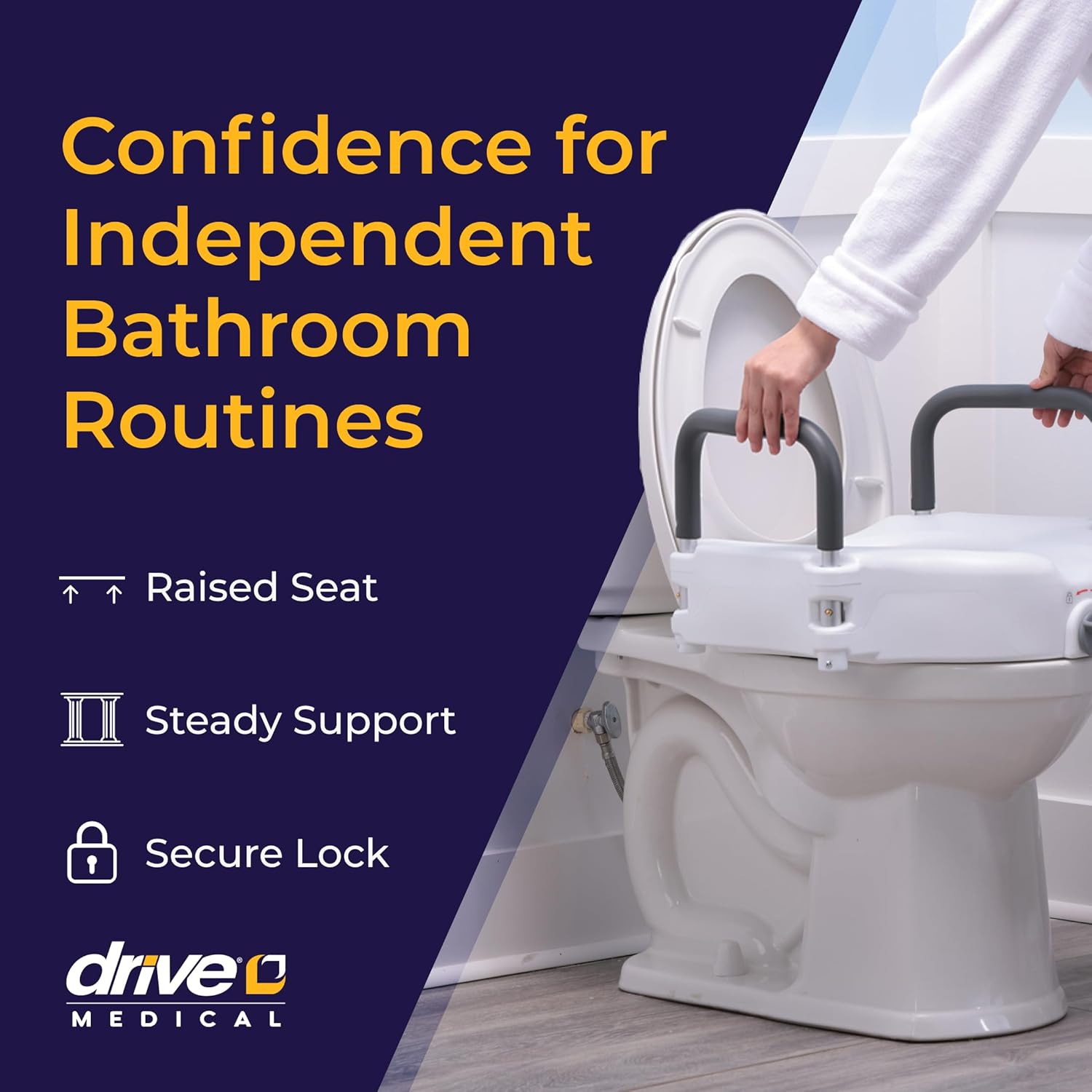 Drive Medical 2-in-1 Raised Toilet Seat with Removable Padded Arms | Raised Toilet Seat Offers Removable Padded Arms and Secure Locking Attachment for Standard Toilets and Safety