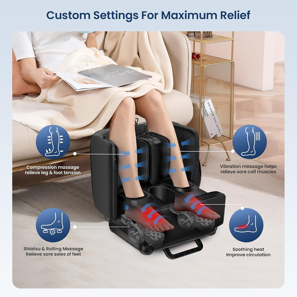 Foot & Calf Massager with Heat Shiatsu Compression Vibration, FSA Eligible | 2-in-1 Ottoman, 2 Heat Levels, 4-Level Compression, 2 Leg Modes, for Plantar Fasciitis Neuropathy, Up to Size 13