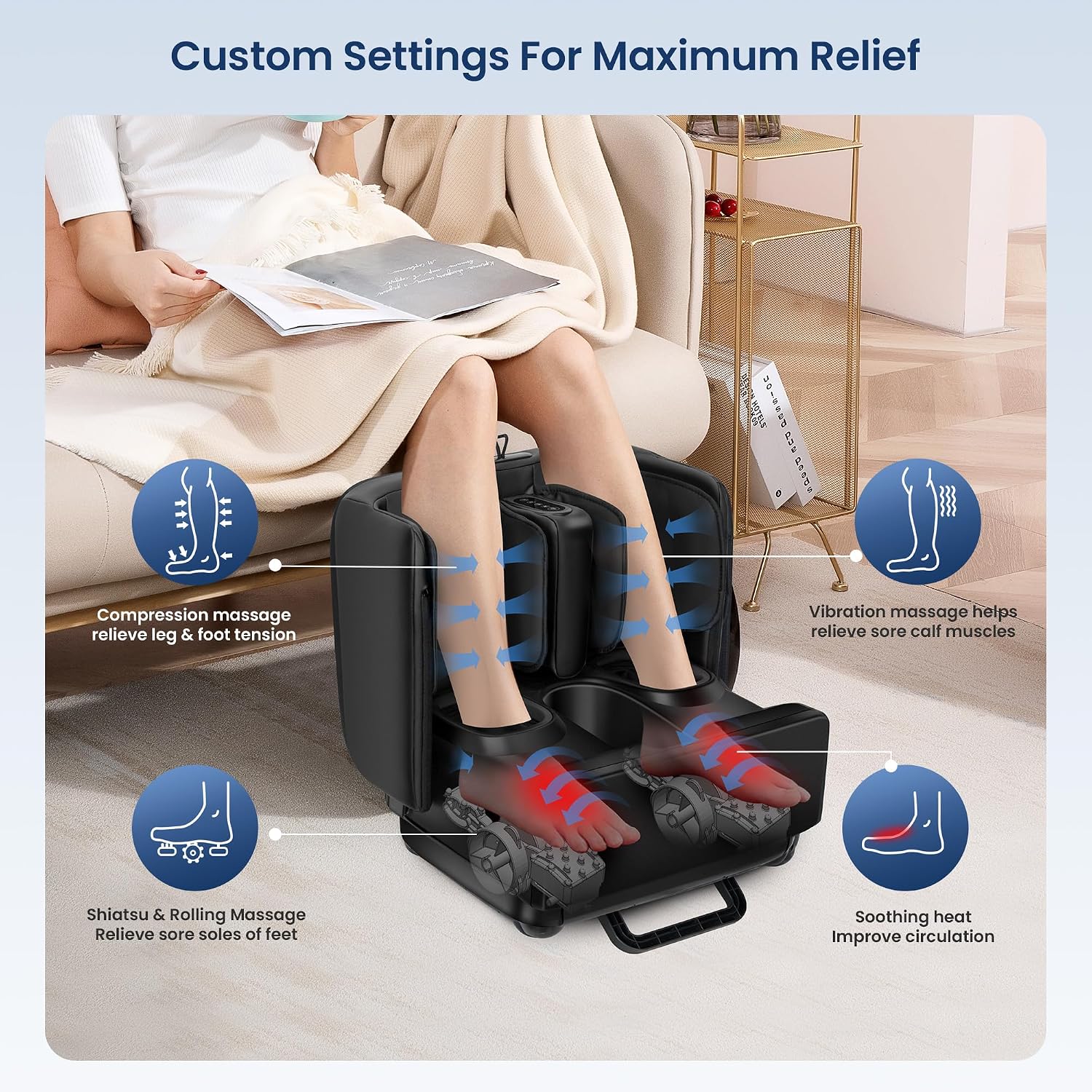 Foot & Calf Massager with Heat Shiatsu Compression Vibration, FSA Eligible | 2-in-1 Ottoman, 2 Heat Levels, 4-Level Compression, 2 Leg Modes, for Plantar Fasciitis Neuropathy, Up to Size 13
