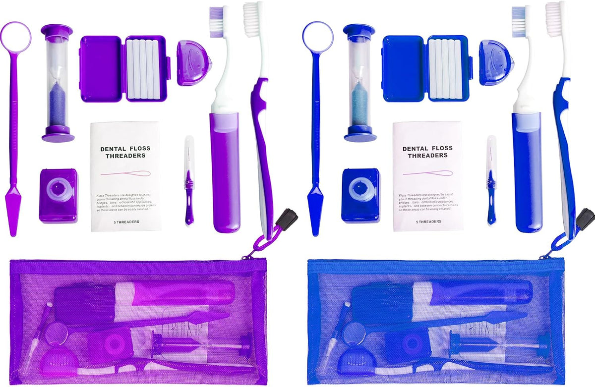 Uouovo Portable Orthodontic Oral Care Kit for Braces -2 Orthodontic Care Set - Dental Braces Kit, Interdental Brush Dental Wax Dental Floss Toothbrush Cleaning Kit(Purple & Blue) (Red_Green)
