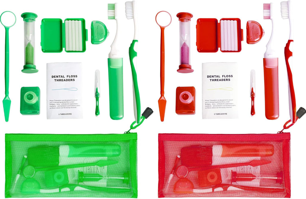 Uouovo Portable Orthodontic Oral Care Kit for Braces -2 Orthodontic Care Set - Dental Braces Kit, Interdental Brush Dental Wax Dental Floss Toothbrush Cleaning Kit(Purple & Blue) (Red_Green)