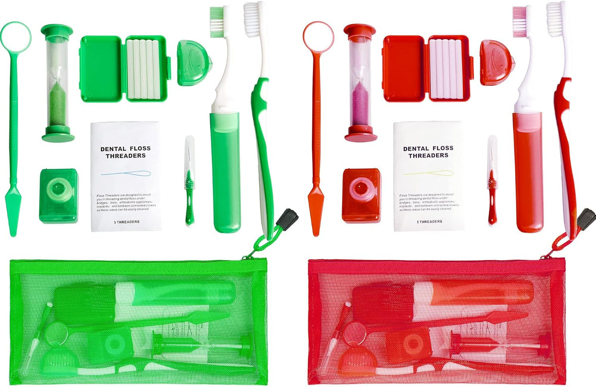 Uouovo Portable Orthodontic Oral Care Kit for Braces -2 Orthodontic Care Set - Dental Braces Kit, Interdental Brush Dental Wax Dental Floss Toothbrush Cleaning Kit(Purple & Blue) (Red_Green)